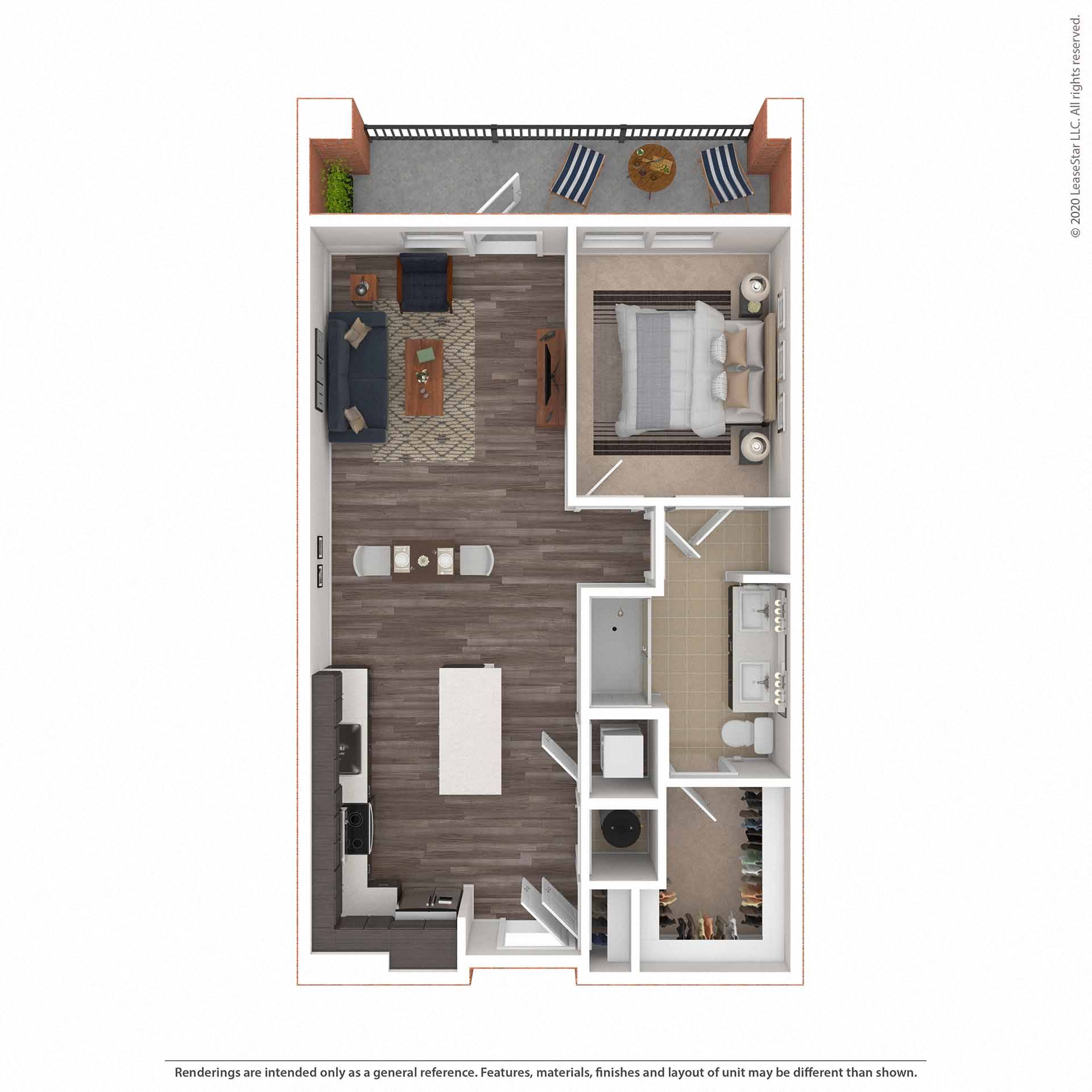 Floor plan for 1 bed, 1 bath, 803 sqft